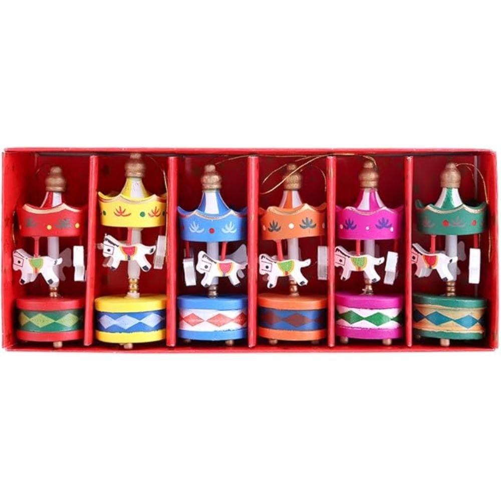 6Pcs Wooden Carousel Ornaments Holiday Party Cute Carousel Pendant Christmas New Year Home Decor