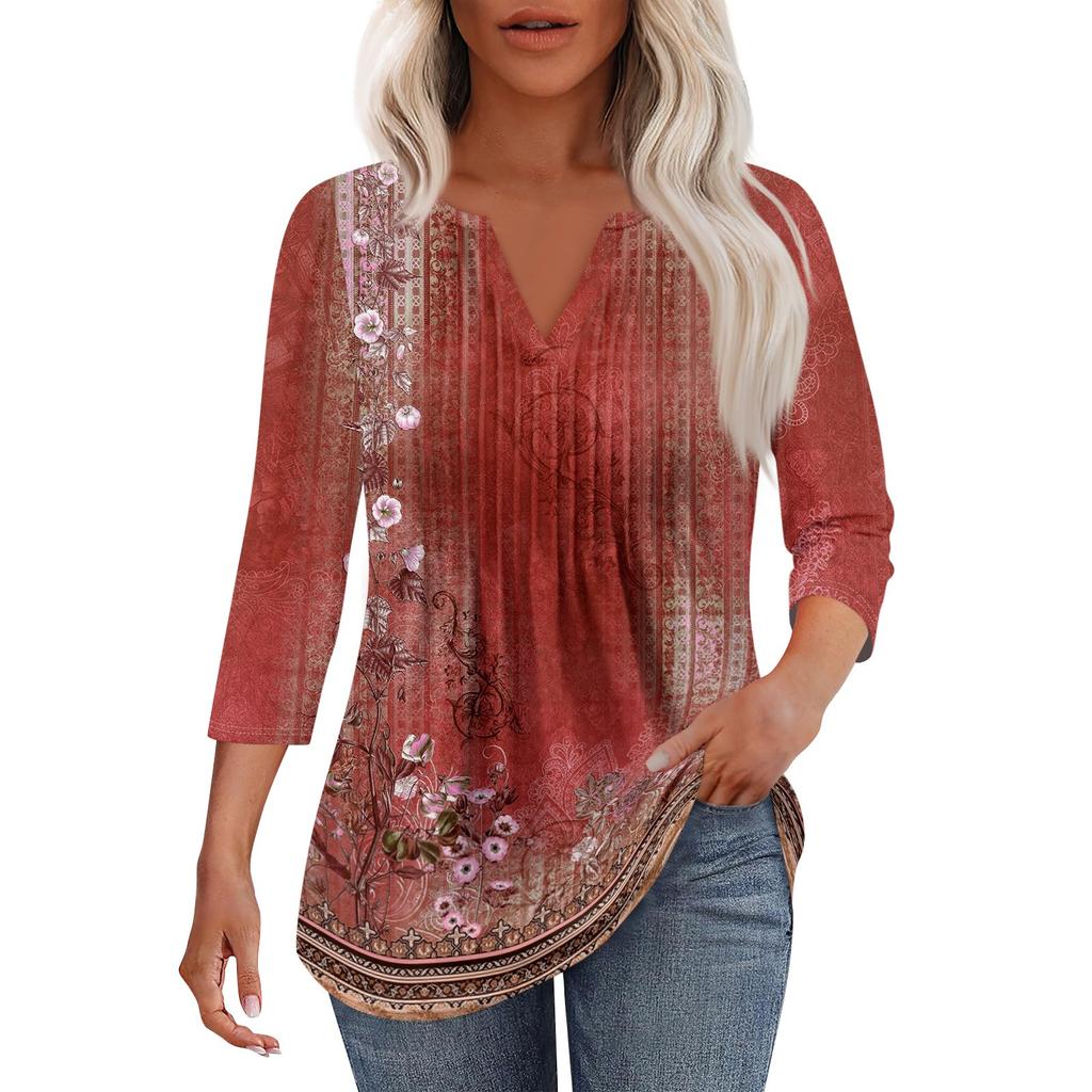 Женская модная повседневная плиссированная футболка с V-образным вырезом и рукавом семь четвертей