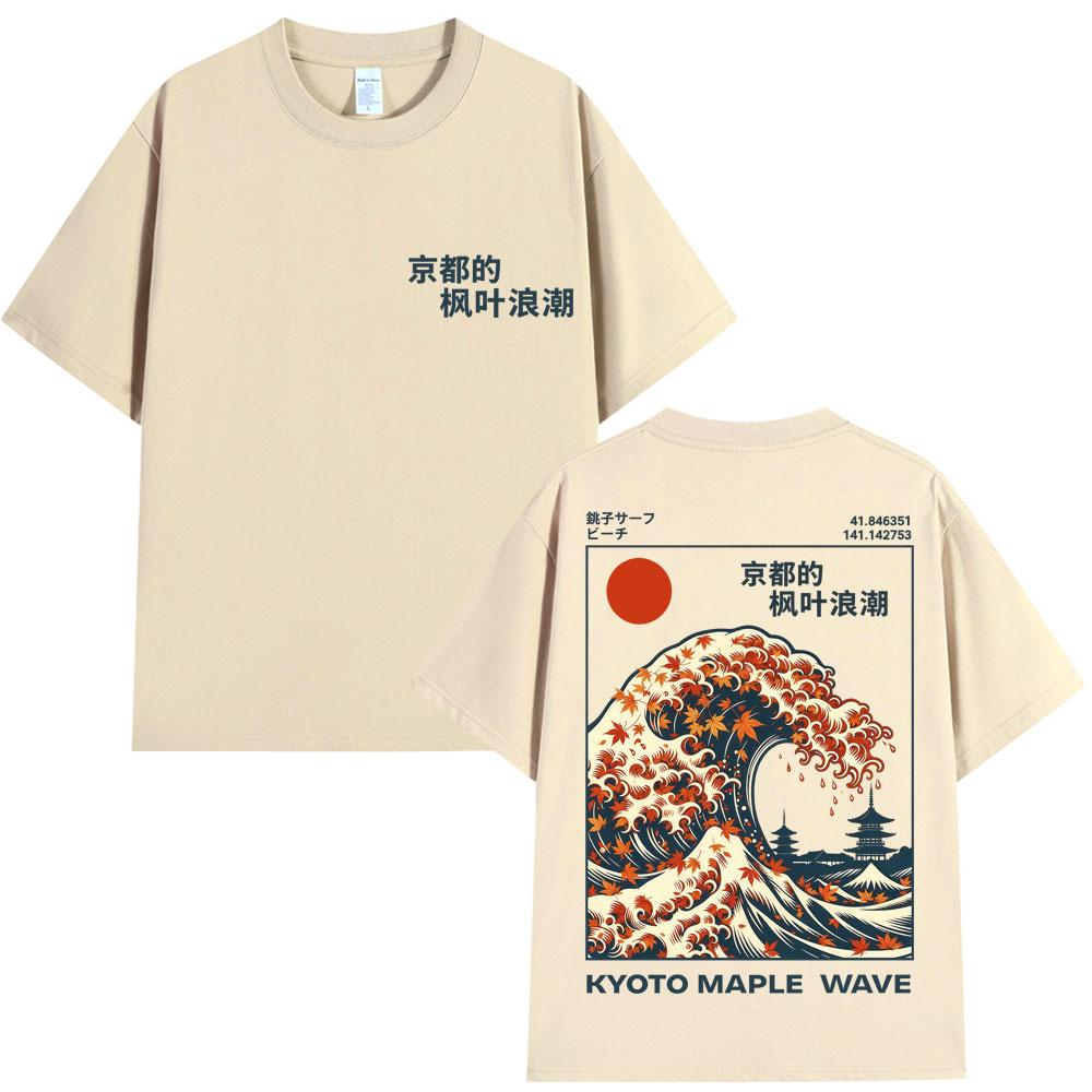 Japanese Style Kyoto Maple Wave T Shirt Fashion Vintage Aesthetic T-shirts Oversized Cotton Casual T Shirts Streetwear