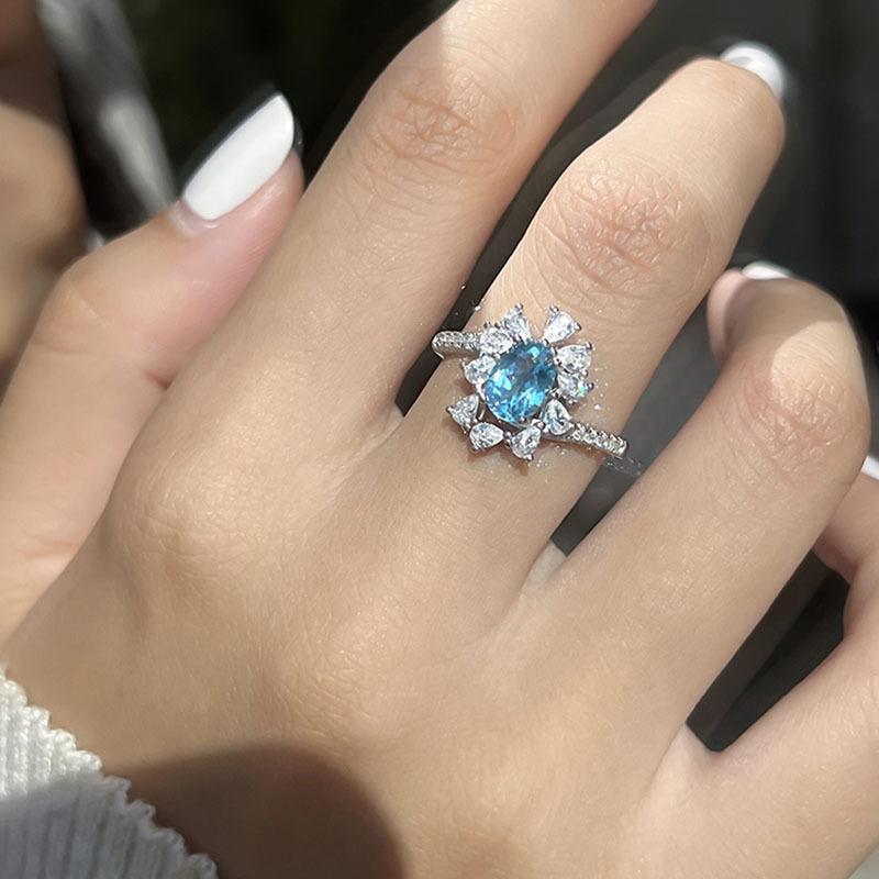 Кольцо с имитацией морского голубого топаза, роскошная замена, прямая трансляция с товарами, яркое, полное бриллиантов, кольцо с синим цветком, женское
