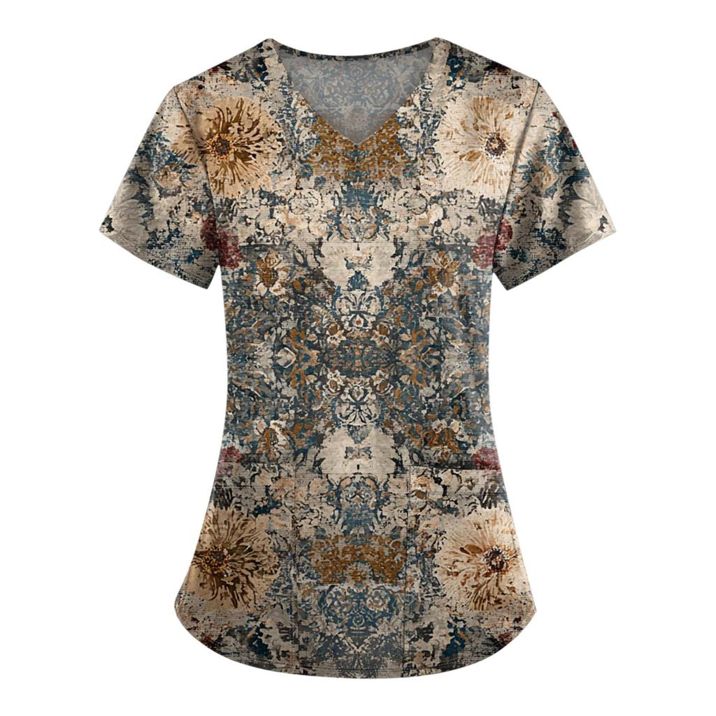 Plus Size Printed Scrub Working Uniform Tops For Women's V-Neck Print Short Sleeve Fun T-Shirts Workwear Tee With Pockets