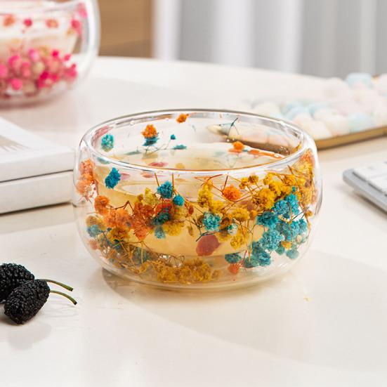 300 мл Стеклянная миска Двустенная миска из боросиликатного стекла с сухоцветами Художественная декоративная миска для подачи супа, десерта