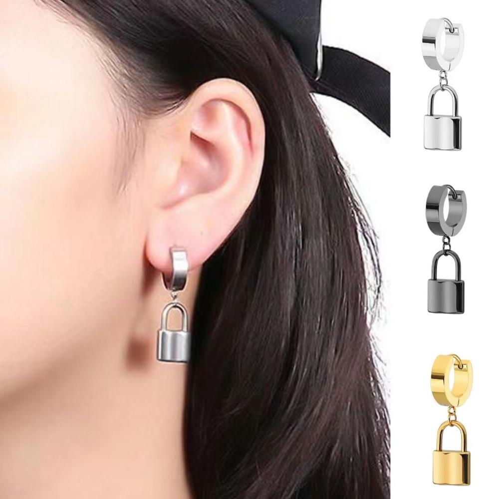 Personality Clip Earrings Lock Pendant Fashion Jewelry Cool Hoop Earrings Men