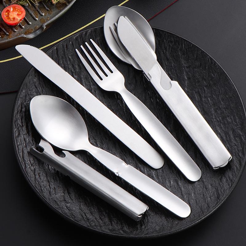 4 шт./комплект Портативный Набор столовых приборов из нержавеющей стали для кемпинга на открытом воздухе: нож, вилка, ложка. Набор посуды. Посуда для кемпинга и приготовления пищи.