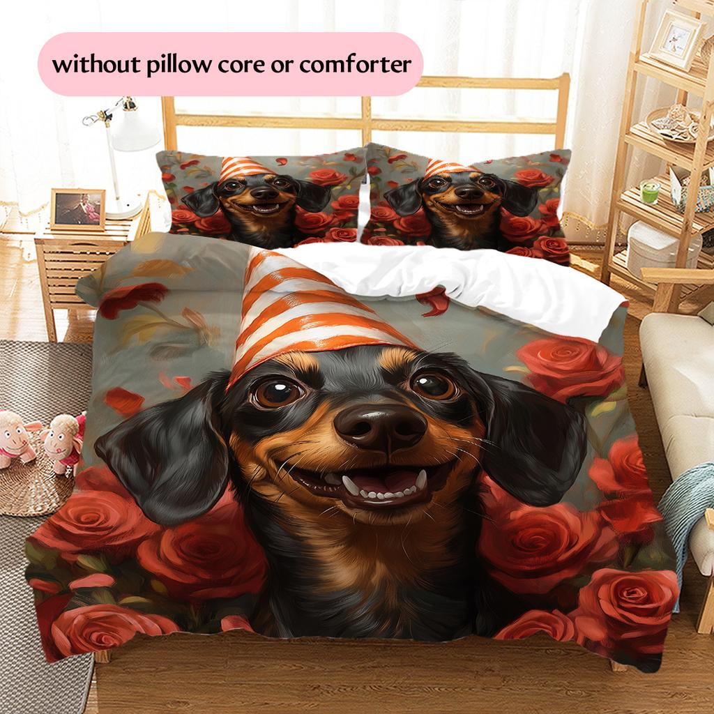 Rose Dog for Birthday Pattern Bedding Quilt Set Home Decoration Gift (1 * duvet cover + 2 * pillowcase without core)