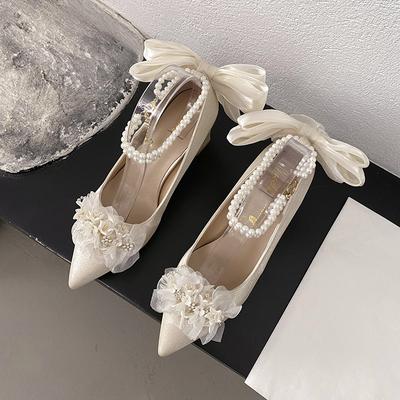 Весна 2025 новые абрикосовые туфли на высоком каблуке женские туфли на толстом каблуке с острым носком свадебные туфли банкетные туфли-лодочки в стиле маленькой феи