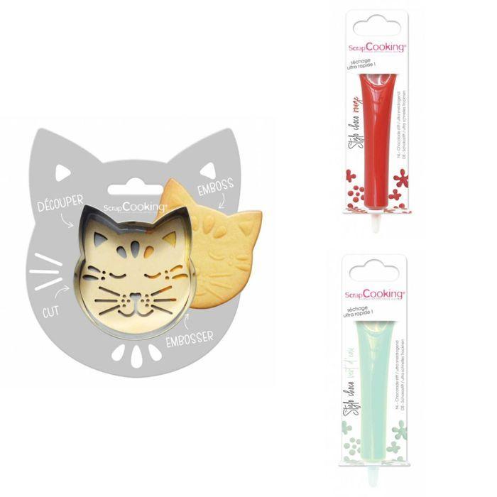 Kit pour biscuit en relief Chat + 2 Stylos au chocolat rouge et vert d'eau