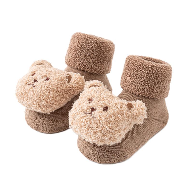 1 пара детских носков с медвежонком, носки-тапочки для мальчиков, зимние носки средней длины, милые хлопковые, для малышей, толстые, с нескользящей подошвой, мягкие