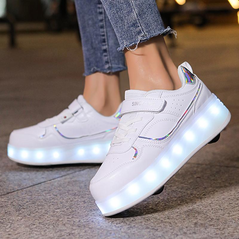 Детская спортивная обувь с подсветкой, натирающая обувь, однотонная волшебная нашивка с зарядкой, двухрядная четырехколесная скользящая обувь