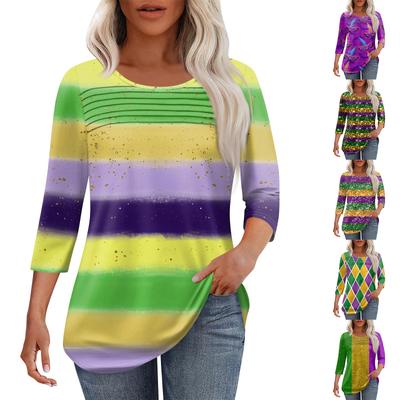 Женская мода круглый вырез шея плиссированная передняя планка с принтом рукав 3/4 топ