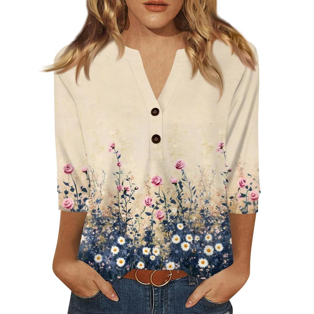Жен. Футболка С принтом Пуговицы Рукав 3/4 Повседневные Выходные Мода Классический Классический V-образный вырез Обычный Верх