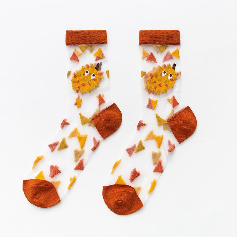 Женские тонкие прозрачные носки из хрустального стекла и шелка, милые летние сетчатые носки с фруктами: клубникой, авокадо, персиком и арбузом