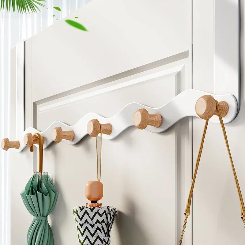 Creative Wave Iron Hook Row Hook No Punch Wooden Hanger INS Simple Multi-functional Porch Bathroom Coat Hook