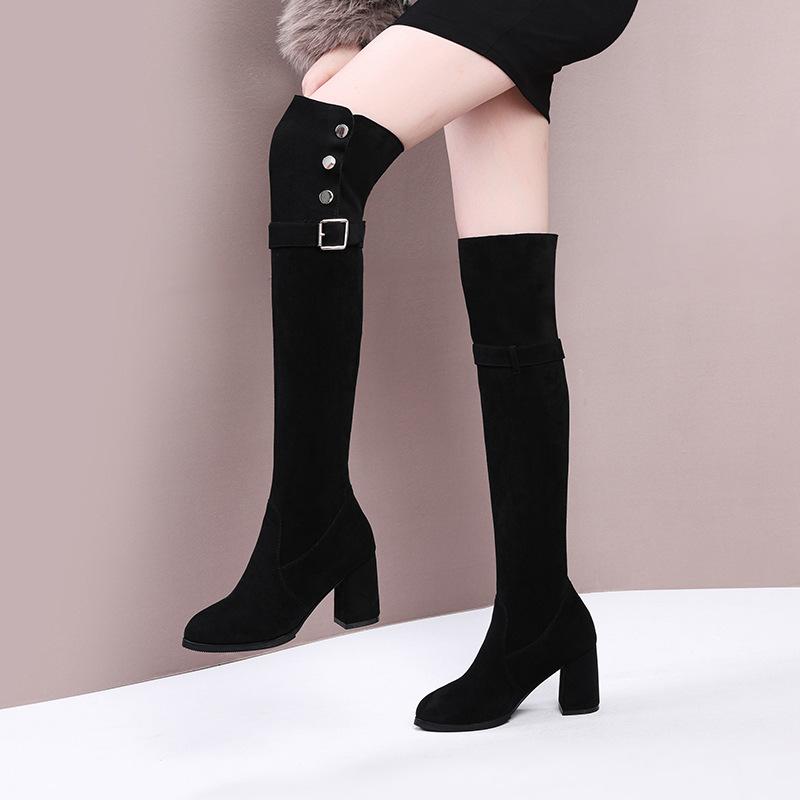 Модные женские длинные сапоги 2024 Осень и Зима Новинка Ботфорты выше колена Теплые Эластичные Стройнящие Сапоги для верховой езды