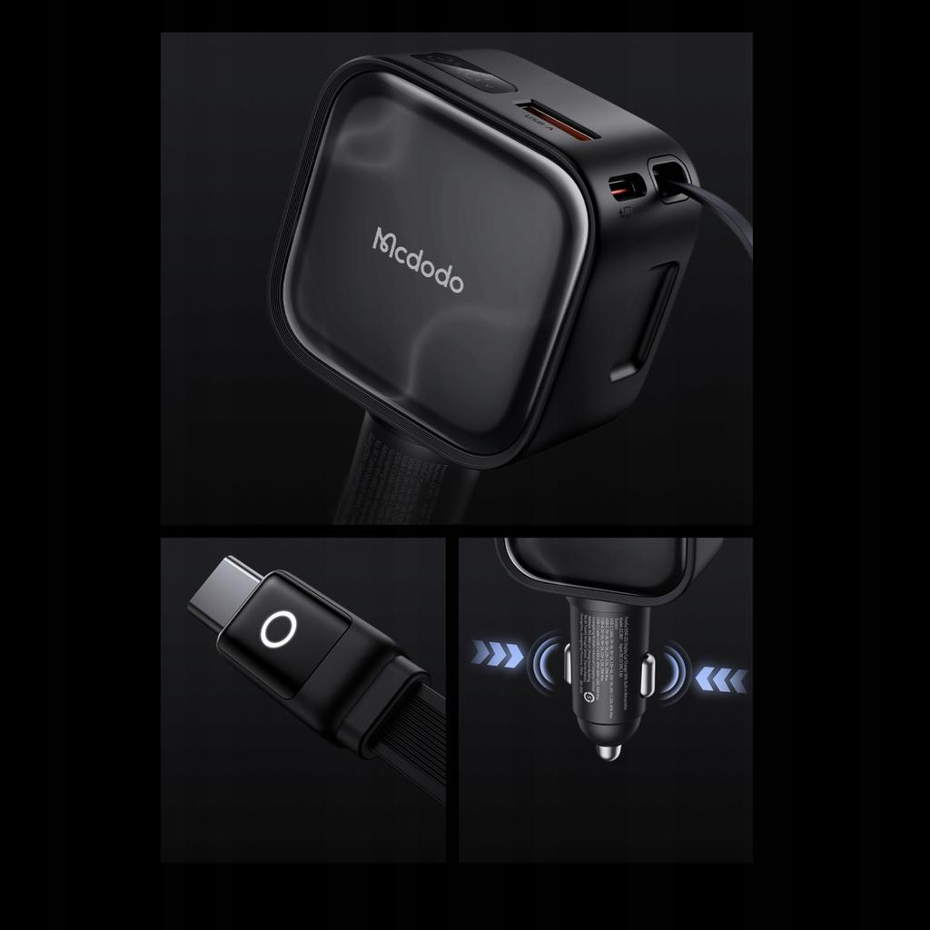 Mcdodo Szybka Ładowarka Samochodowa 3X Usb Usb-C 130W Led Kabel Zwijany 1M