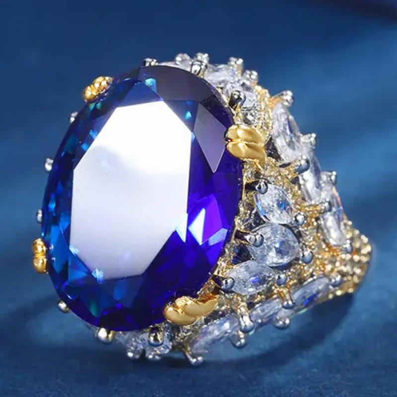 Xiaomi Huitan Luxury Women Two Tone Ring Gorgeous Lady Party Elegant Accessories Inlaid Shiny Blue Oval CZ Noble Fashion Jewelry Gift