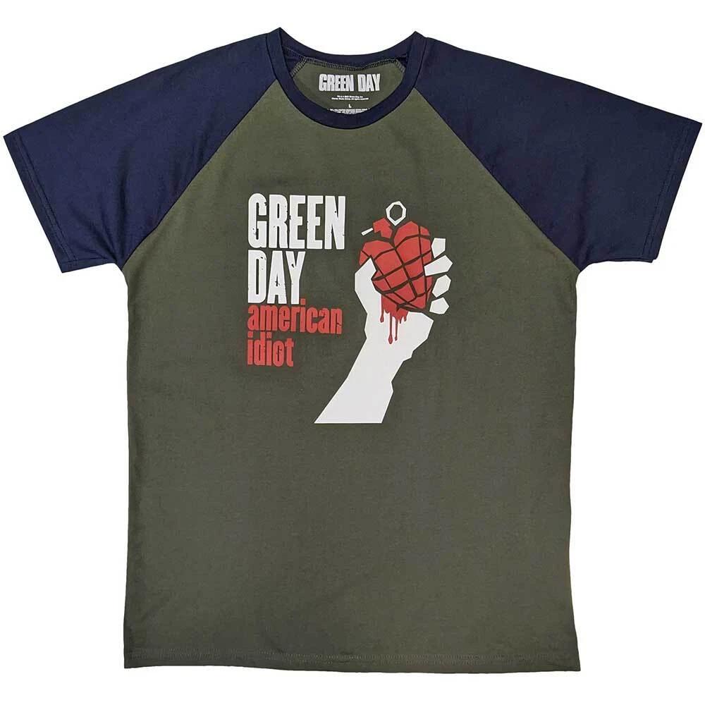 Green Day 'American Idiot' Khaki Green / Blue Raglan T shirt - NEW