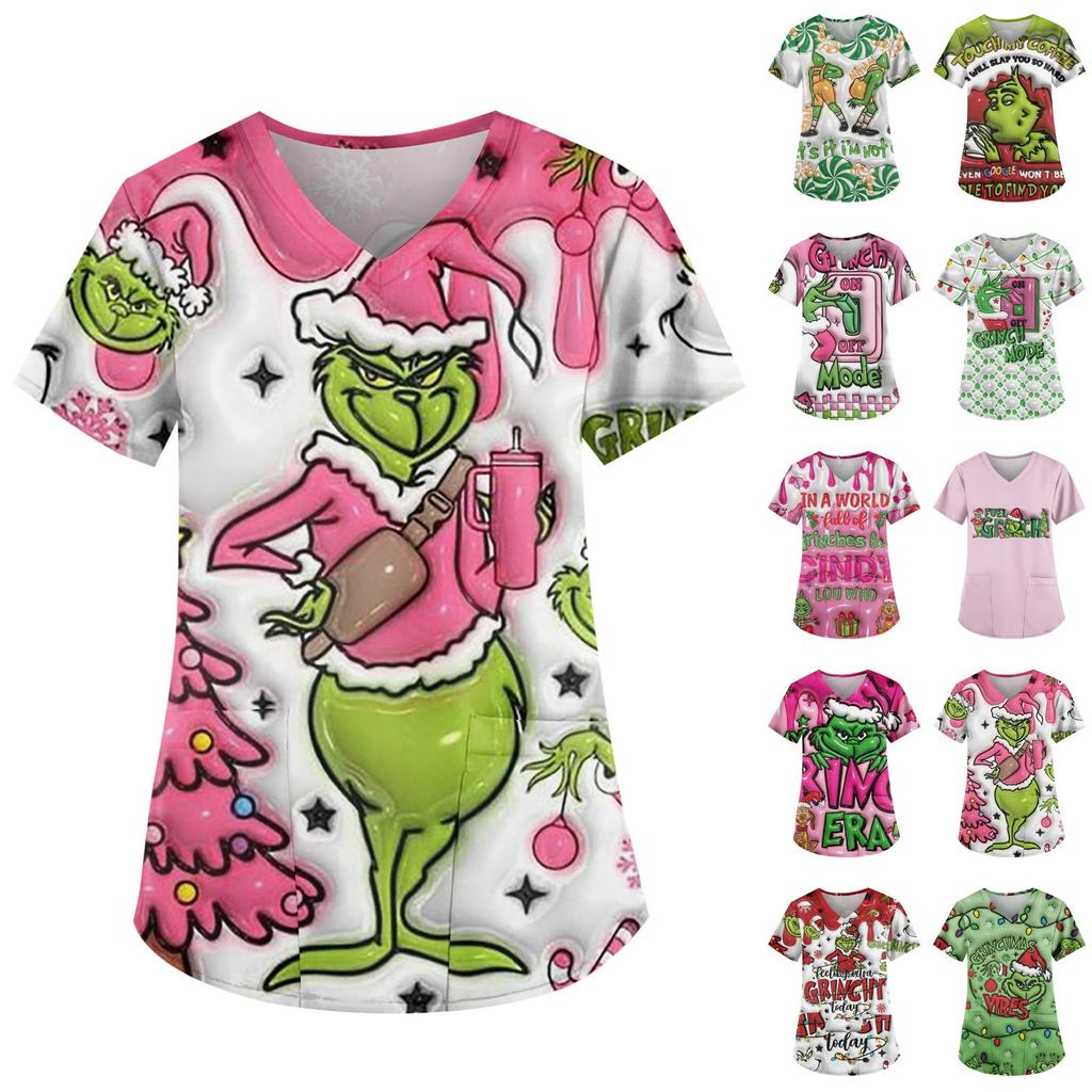 Women's Fashion Printed Short Sleeve V Neck Pattern Tops Pocket Working T-shirts