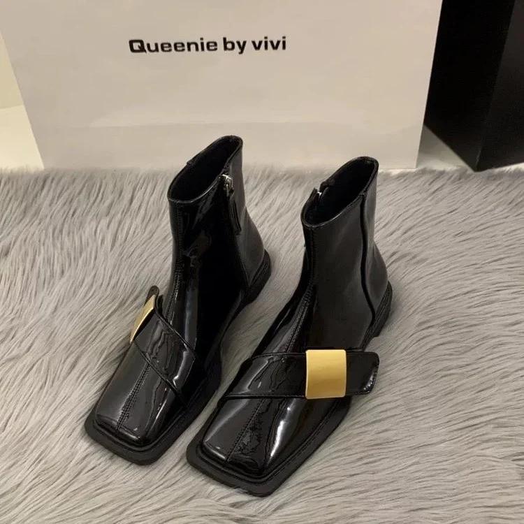 Designer Vintage Women Ankle Boots Fashion Square Toe Shoes Spring Autumn Flats Ladies Short Booties Zapatos De Mujer
