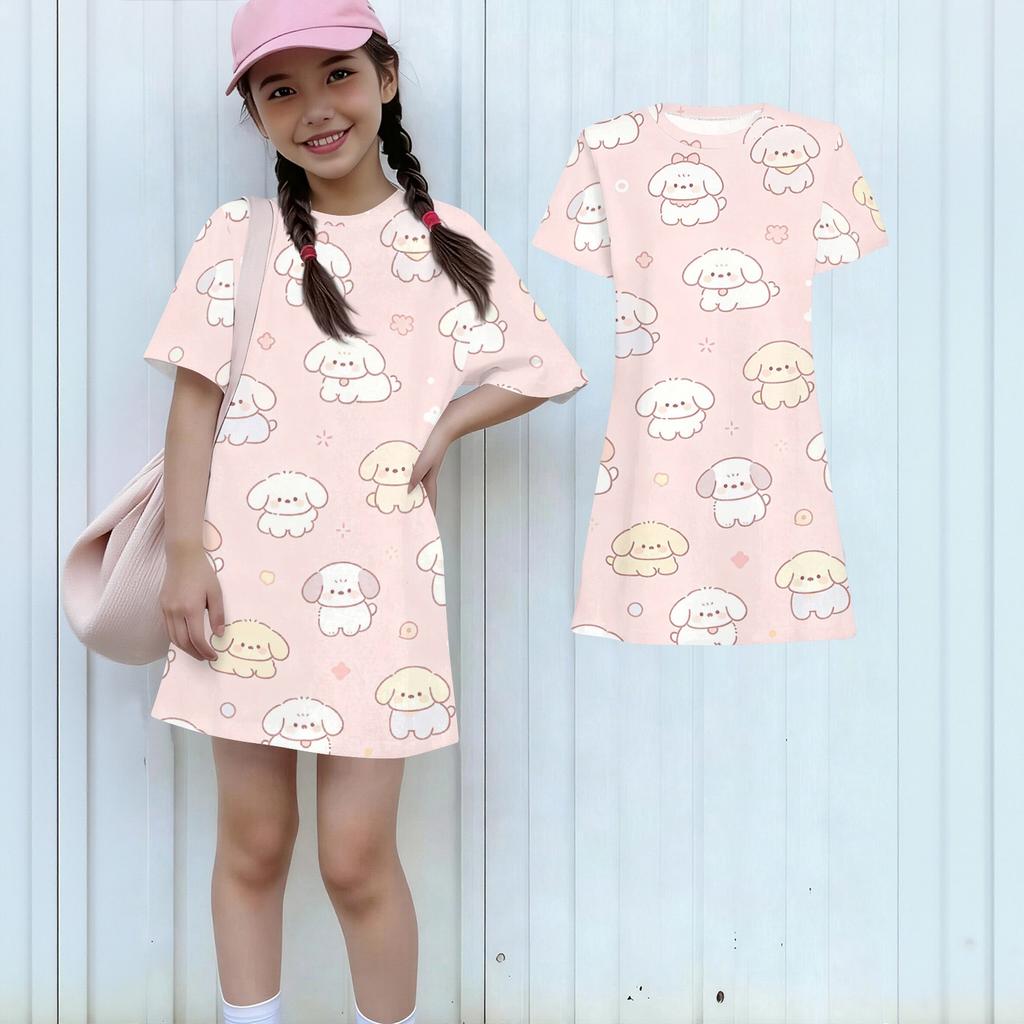 Свободное летнее платье с коротким рукавом для девочек, легкое, с круглым вырезом, повседневное, с принтом животных, для детей, удобное для ежедневной носки