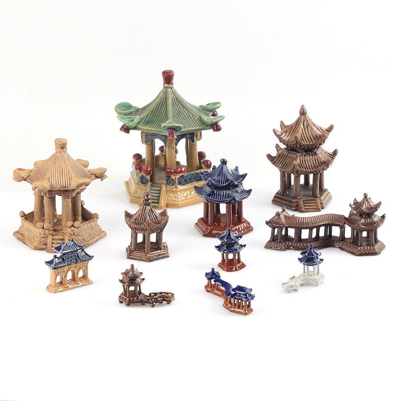 Ландшафтное оформление аквариума: Каменная скала и керамический павильон с водопоглощающим орнаментом для бонсай