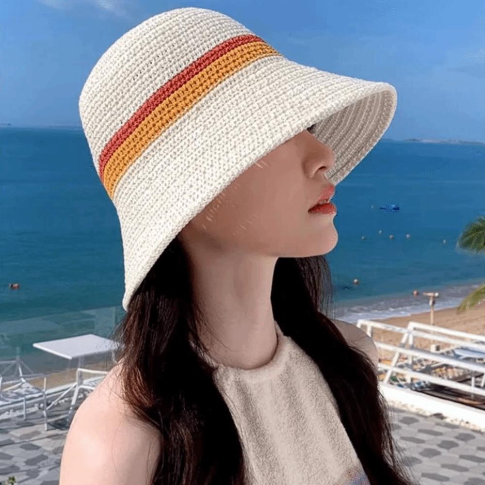 Flat Brim Wide Brim Bucket Hat Contrast Stripes Sun Hat New Hollow Straw Cap Beach Vacation