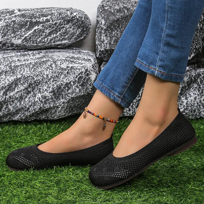 Hot Selling Women's Round Toe Flats Solid Color Knitted Slip-On Shoes Casual Breathable Ballet Flats Women's Mesh Flats Loafers