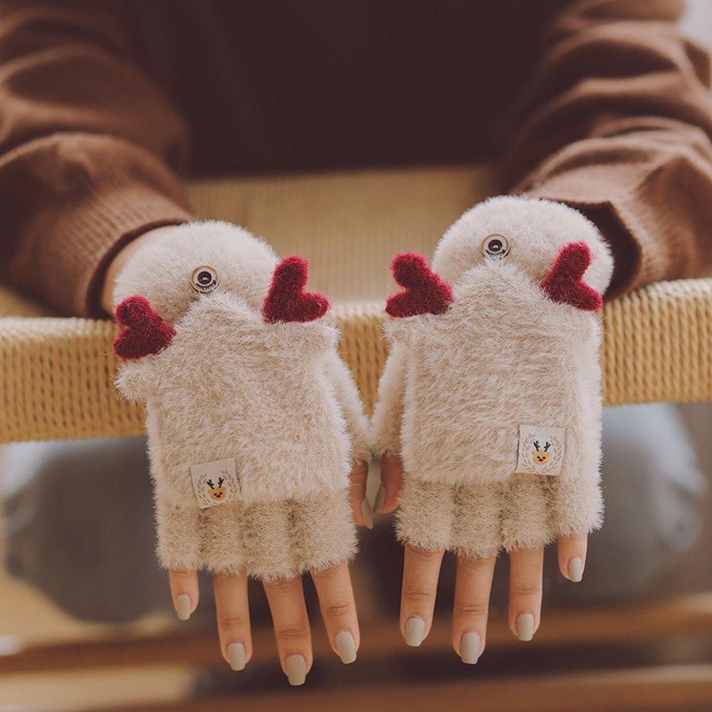 Autumn And Winter Antlers Flip Mittens Female Gloves Christmas Wool Mittens Half-finger Gloves