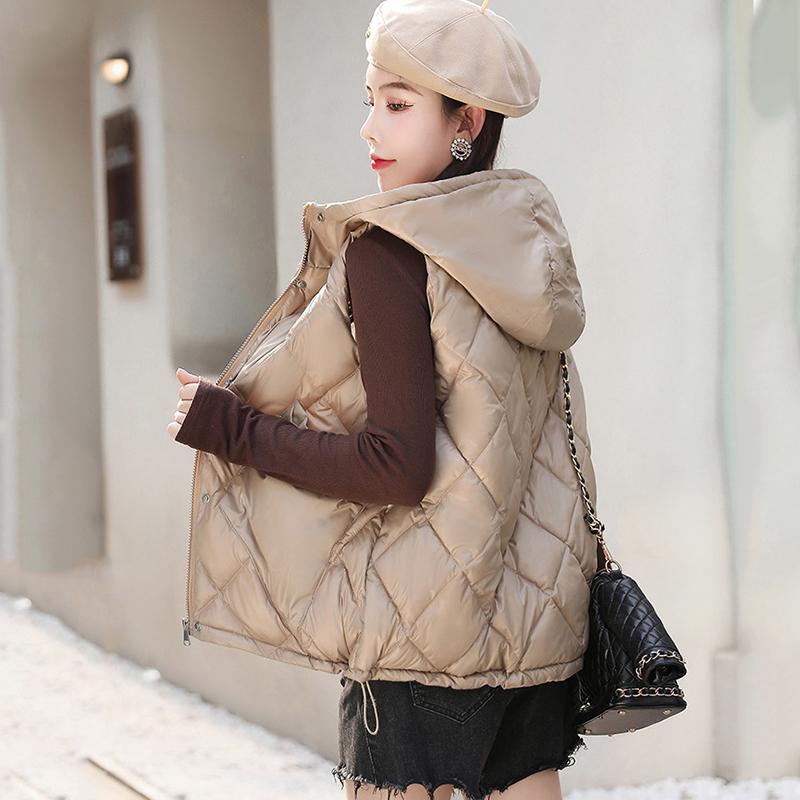 Women Autumn Winter Soild Color Rhombus Thicken Outwear Cotton Padded Hooded Sleeveless Warm Jacket Coat Vest