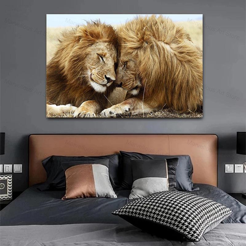 Черно-белые львы, картины на холсте на стене, художественные постеры и принты, африканские животные, голова к голове, картина Куадрос, домашний декор