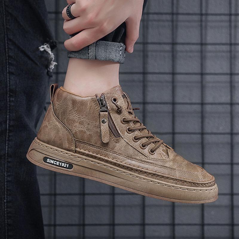 Модная мужская кожаная повседневная обувь 2024 весна высокие ботинки на платформе кожаные ботинки короткие на шнуровке меховые теплые ботильоны мужская обувь в стиле милитари боты