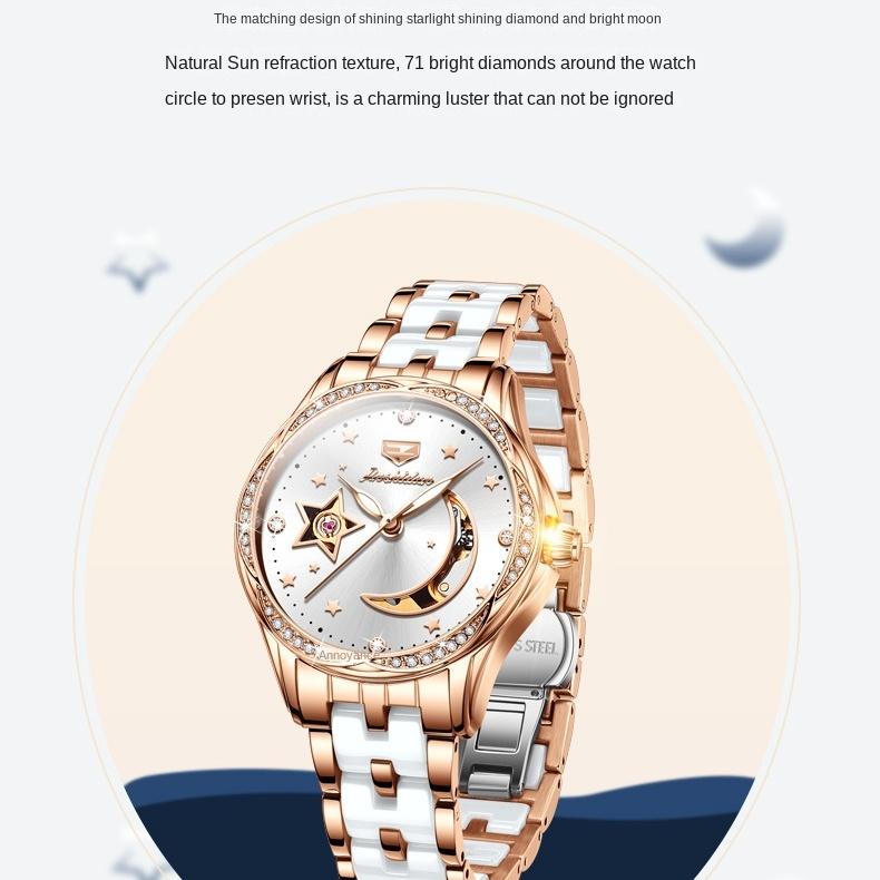 JINSHIDUN брендовые автоматические механические часы Star Moon Hollow, модные механические женские часы, женские часы