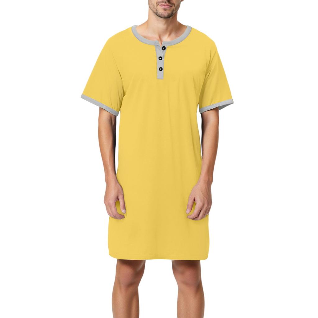 Мужская однотонная хлопковая пижама с коротким рукавом, рубашка на пуговицах с отложным воротником, длинная свободная пижама, домашняя одежда