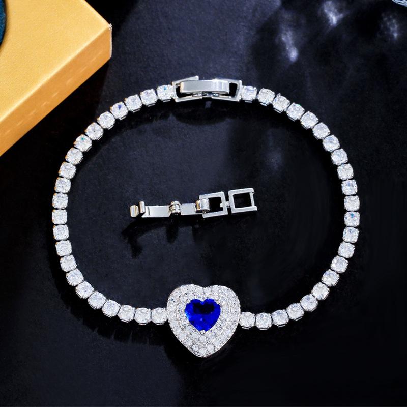 Браслет Сердце с Полной Бриллиантовой Отделкой в Стиле Легкой Роскоши, Микровставка Циркона, Сапфировые Украшения