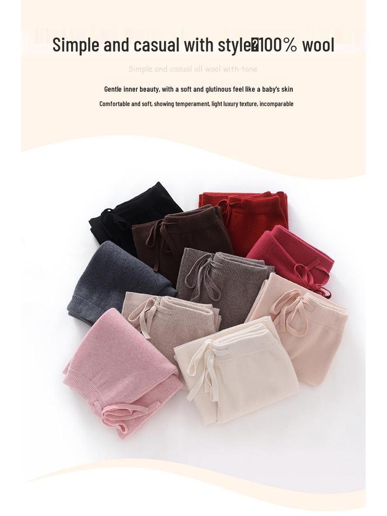 Женские шерстяные брюки с высокой талией и широкими штанинами: Осень/Зима, Плотный и Теплый, Повседневный, Длинный, Вязаный, Прямой крой.