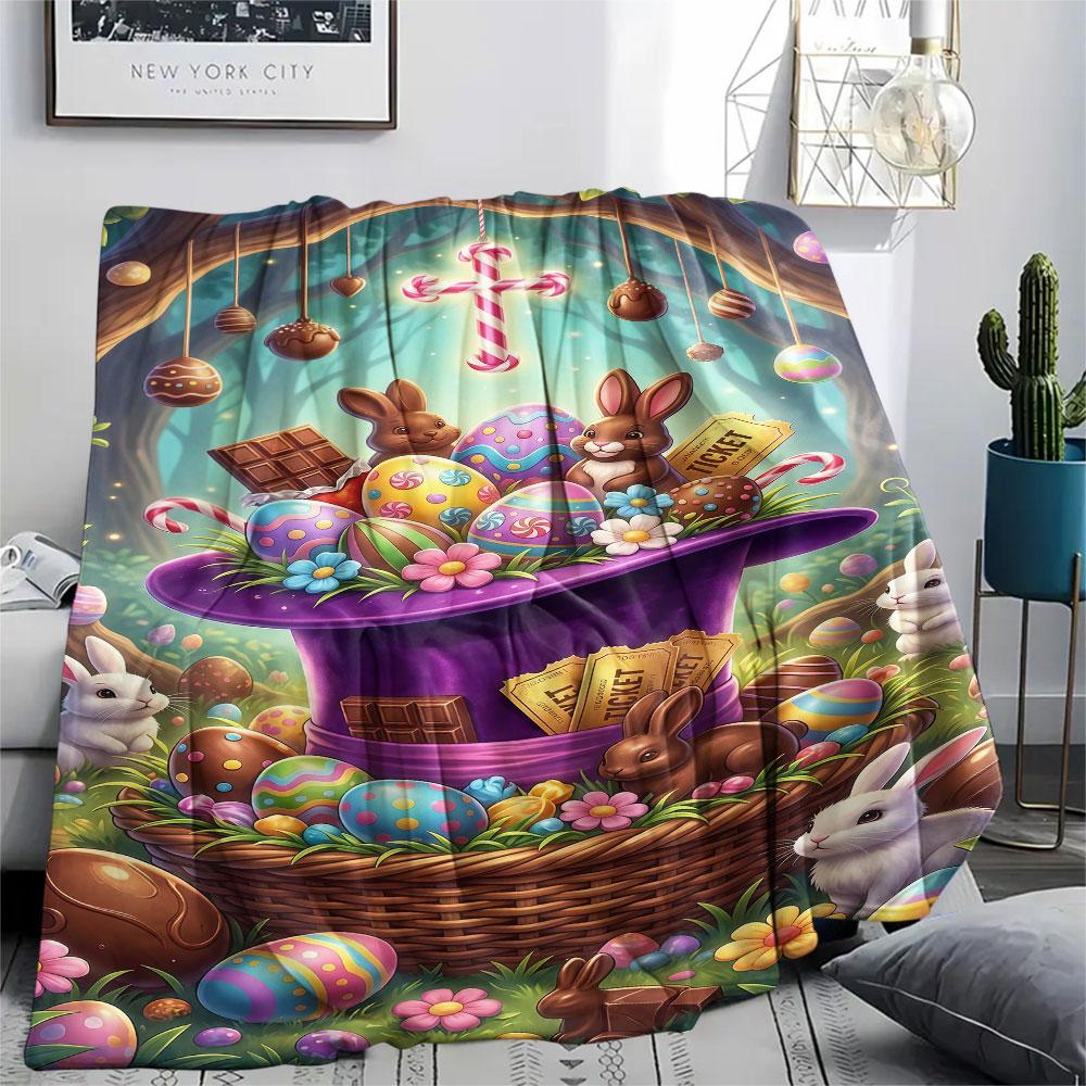 1Pc Easter Egg Print Flannel Blanket, High quality Comfortable for All Seasons, Home Decor, Warmth and Comfort, Perfect for Christmas Gifts