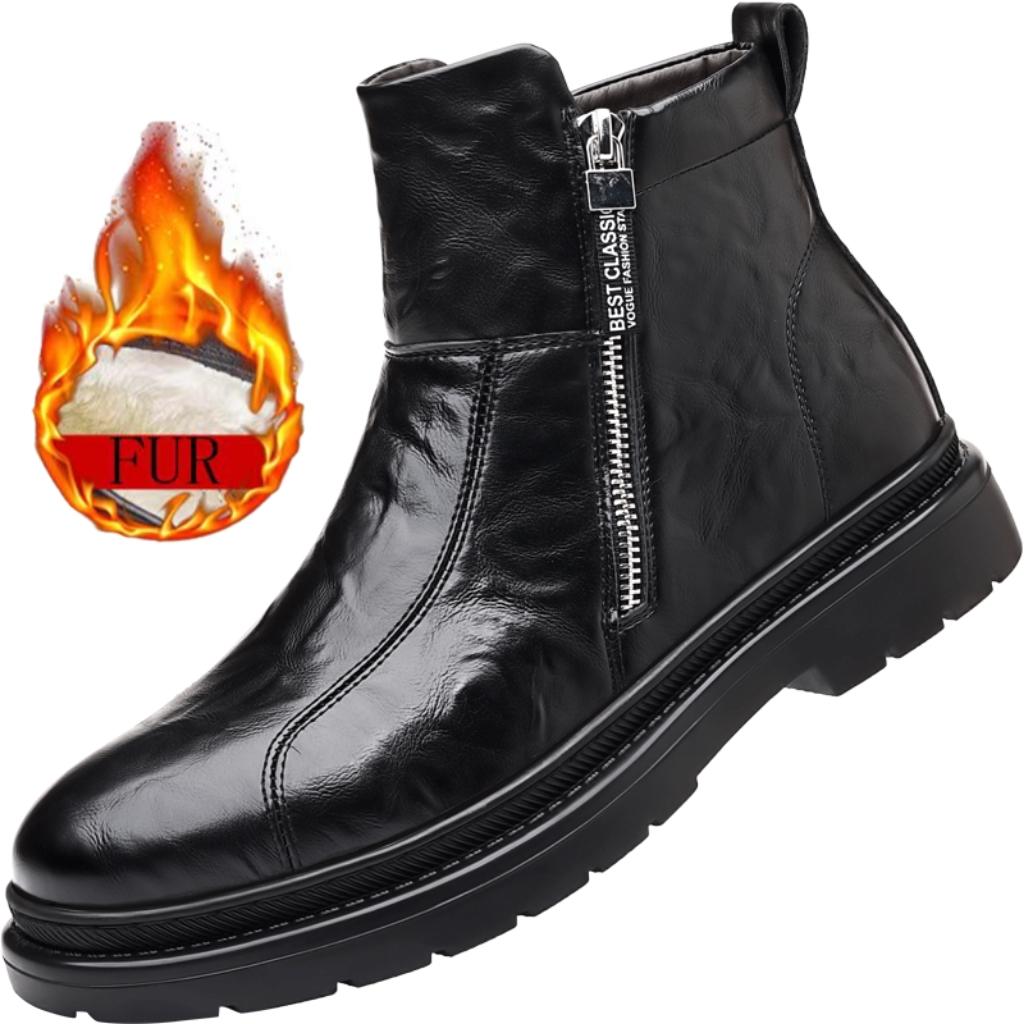 Fashion Mens Business Short Boots Winter New British Fashion Side Zipper Hand Sewn Plush Leather Shoes Outdoor Warm Casual Cotton Shoes