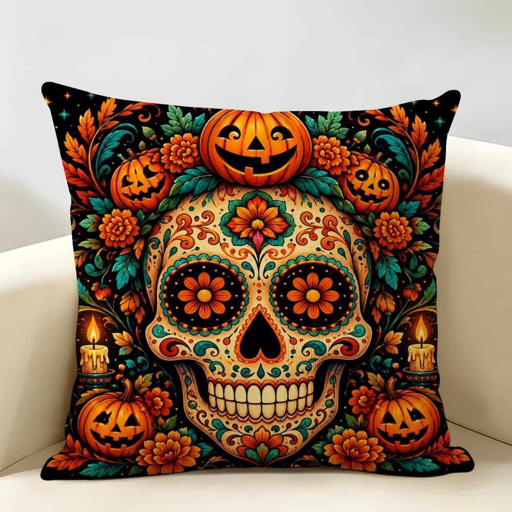 Halloween Sugar Skull Cushion Cover Durable Hypoallergenic Organic Linen Pillow Cover Short Size Washable Skin-Friendly