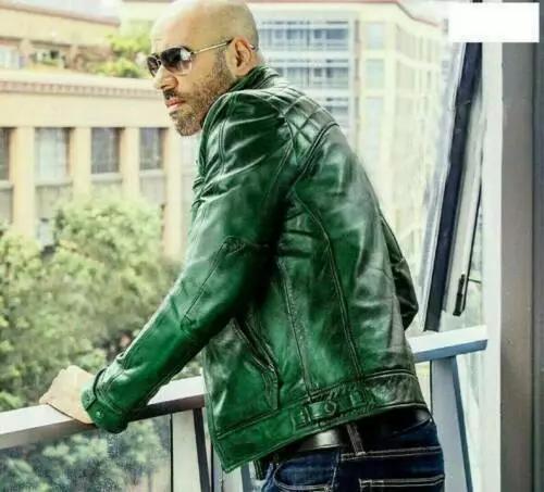 Зеленая стильная мужская праздничная куртка приталенного кроя из байкерской овечьей кожи мотоциклетной кожи