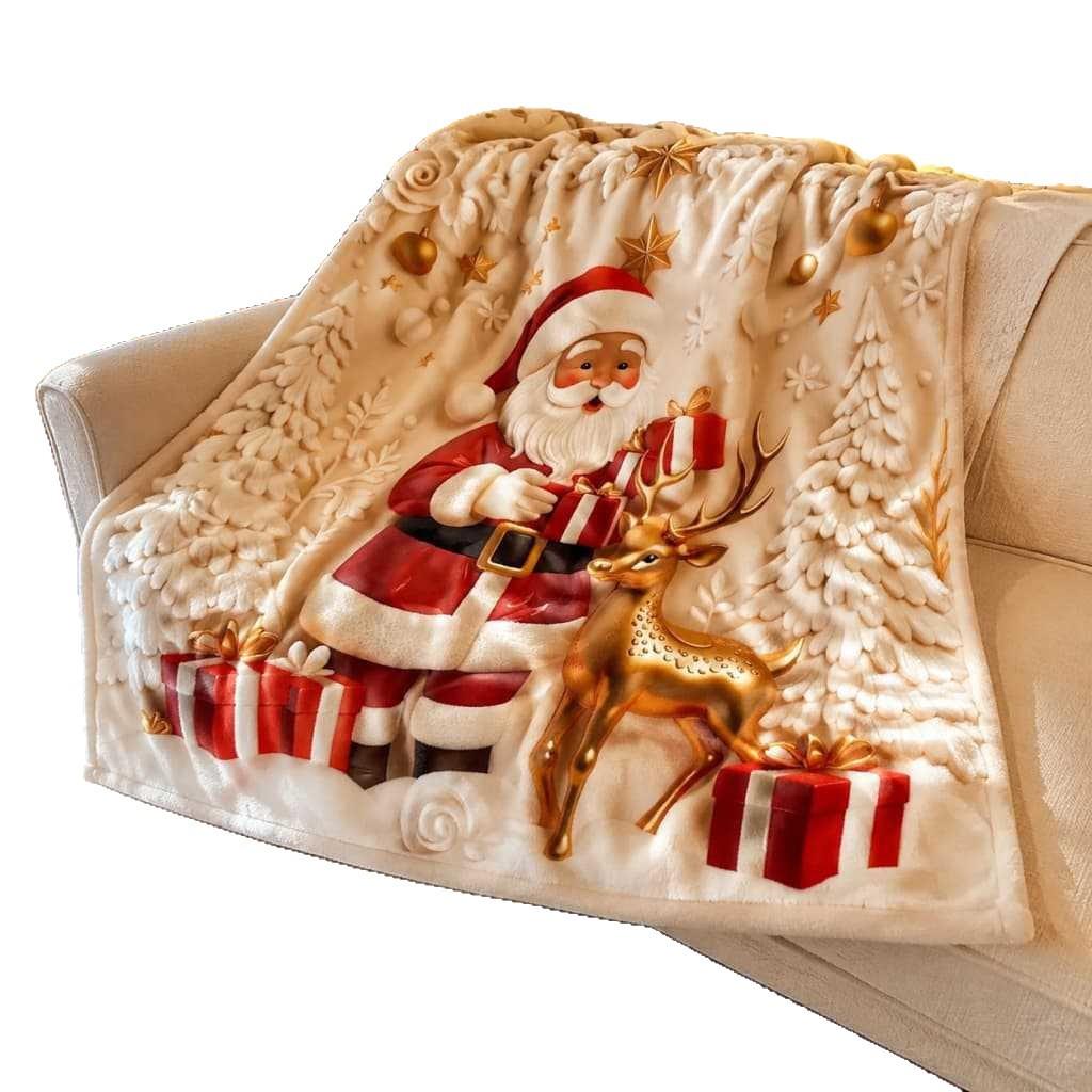 3D Printed Christmas Blanket, Fleece Throw with Tree Reindeer and Snowflake