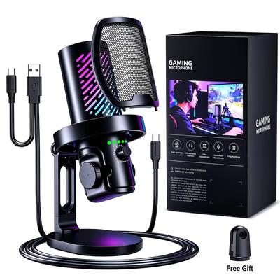 USB Игровой Микрофон для ПК Mac PS4 PS5 Профессиональный Конденсаторный Микрофон с Регулировкой Усиления и Разъемом для Наушников Шумоподавление Стриминговый Микрофон Запись Подкастов