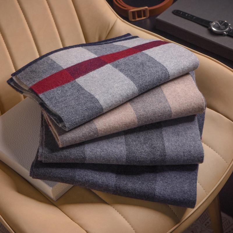 Pure Wool Plaid Scarf Men's Autumn and Winter Versatile Warm Thickened High-end Men's Scarf New Scarf