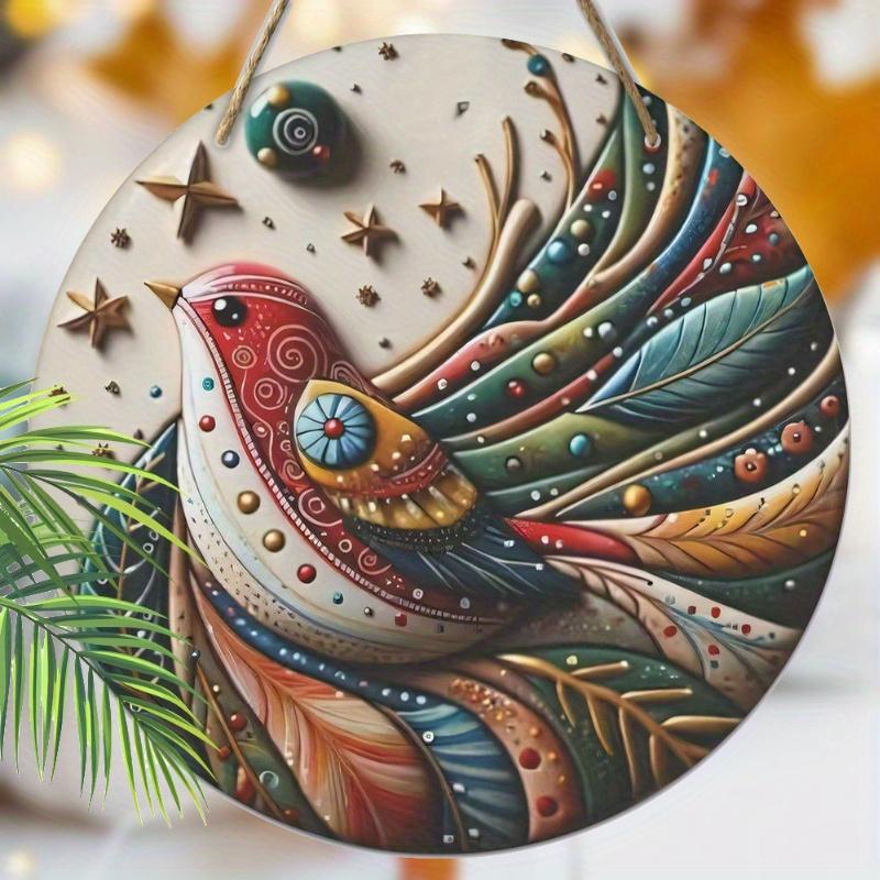 Wood 1pc 2D Colored Feather Bird Stars Wooden Porch Wreath Hanging Print Sign for Sports Fans Painting Home Fence for Door, Wall, Home, Room