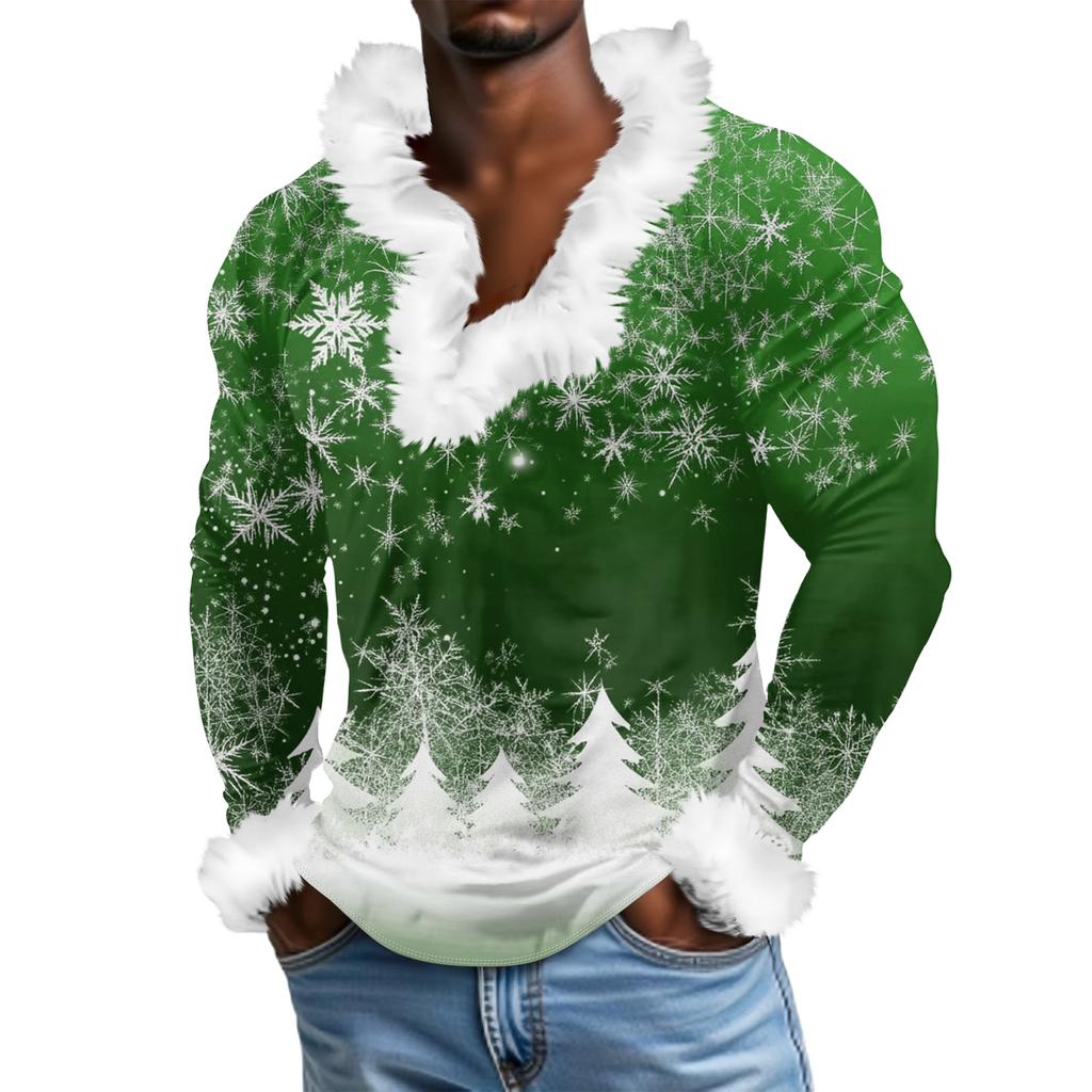 Мужской повседневный рождественский плюшевый свитшот с V-образным вырезом и длинными рукавами из флиса