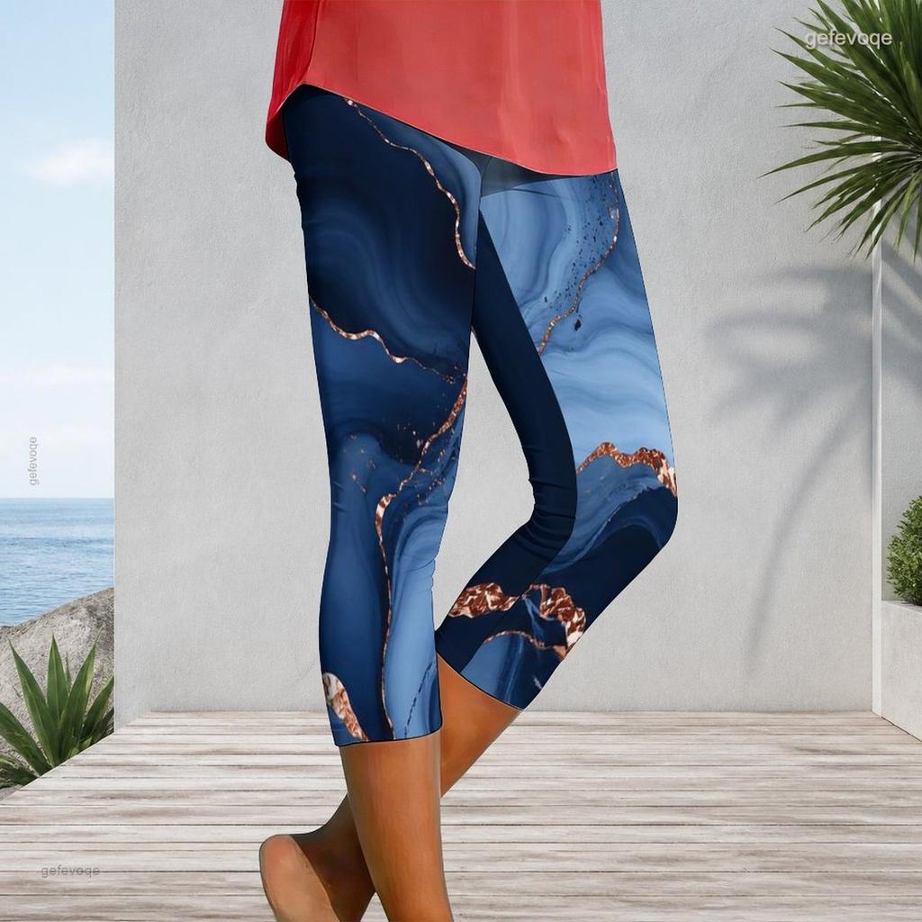 Women Plus Size High Waist Capri Leggings Blue Marbled Rose Gold Print Stretchy Soft Athletic Yoga Workout Cropped Pants For Casual Daily Wear