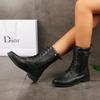 2025 New Foreign Trade Large Size Round Toe Thick Heel Lace-up Side Zipper Solid Color Low Top Women's Martin Boots