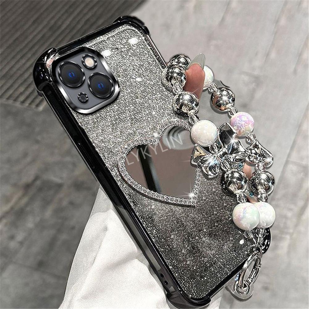 Bead Bracelet Shockproof Phone Case For Samsung A36 A16 A06 A15 A25 A35 A55 A14 A24 A34 A54 A05 Glitter Heart Mirror Soft Cover