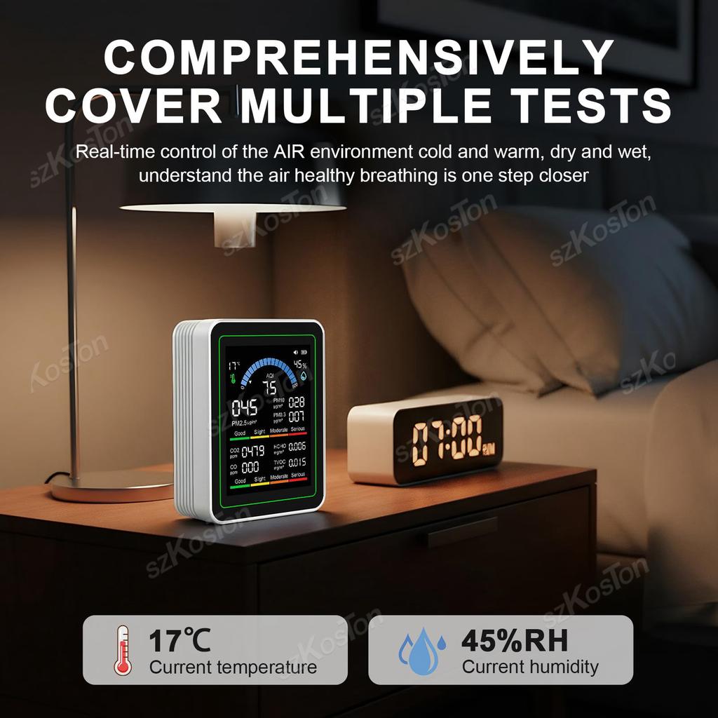 10-в-1 Монитор качества воздуха PM2.5, CO₂, HCHO, TVOC, CO, Температура и Влажность Многофункциональный Датчик CO2 в воздухе с Дисплеем