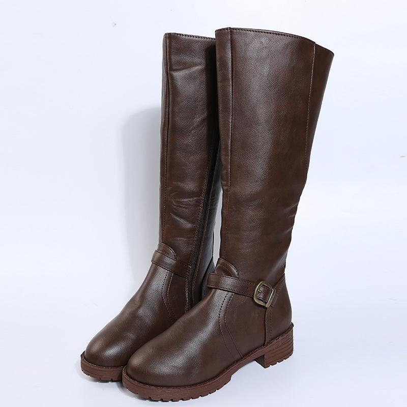Vintage Brown Women Knee High Boots Big Size Low Heels Platform Long Boots Autumn Winter Pu Leather  Women Warm Booties