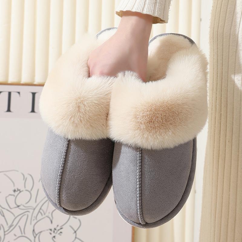 2024 Winter Warm Home Fur Slippers Women Luxury Faux Suede Plush Couple Cotton Shoes Indoor Bedroom Flat Heels Fluffy Slippers